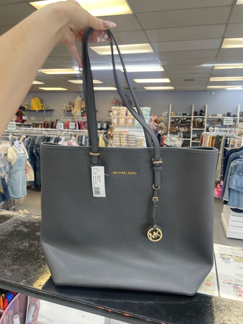 Michael Kors Dark Gray Saffiano Leather Tote with Gold Hardware